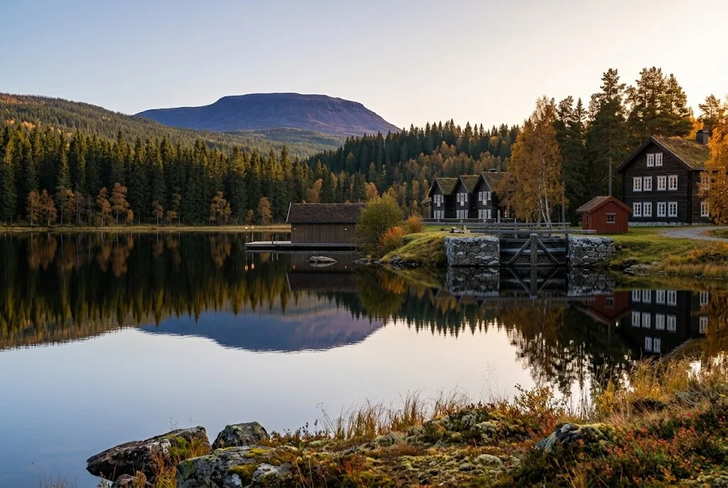 Artist's impression of the planned resort seen at eye level from the far shore, with forest and a flat-topped mountain on the horizon