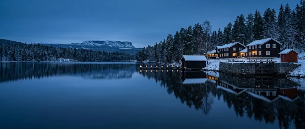 Artist's impression of the lake and the resort at blue hour, with lanterns along the jetty