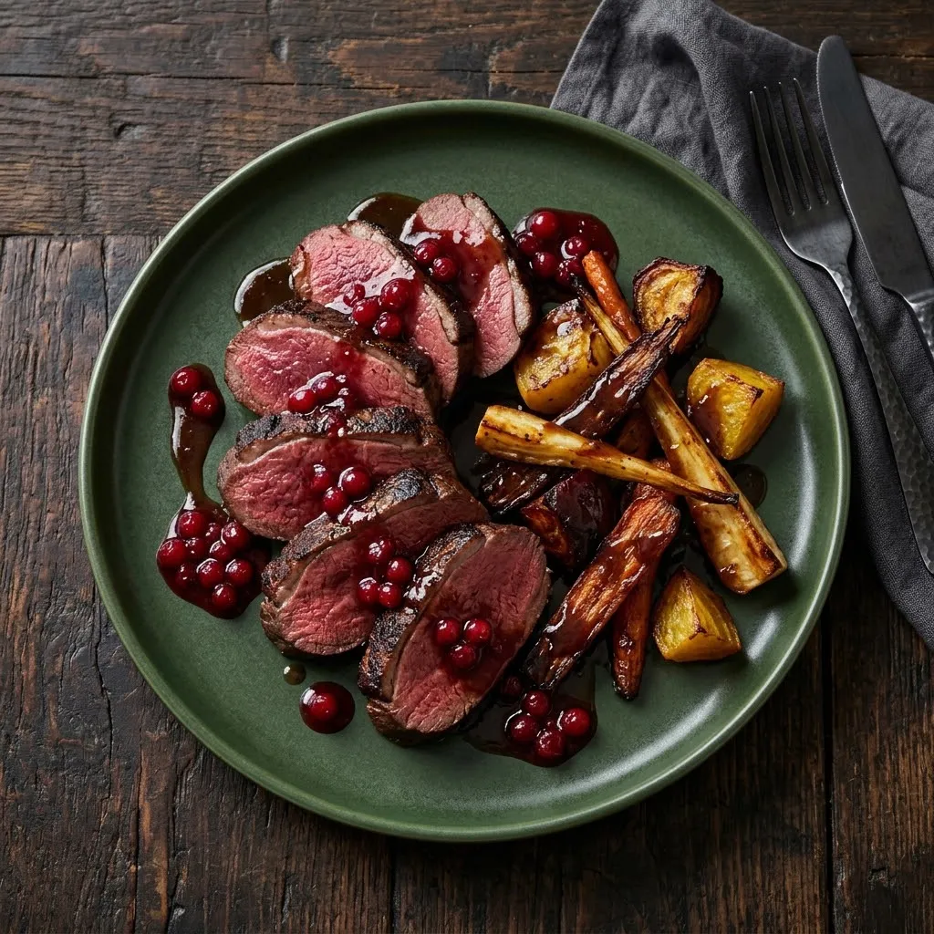 Artist's impression of a dish of venison with cranberries and roasted roots