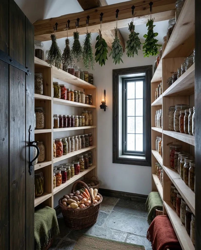 Artist's impression of the larder: dried herbs, unlabelled jars and wooden shelves