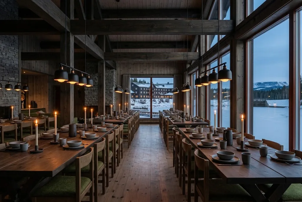 Artist's impression of the planned restaurant: long dark timber tables and windows onto the lake