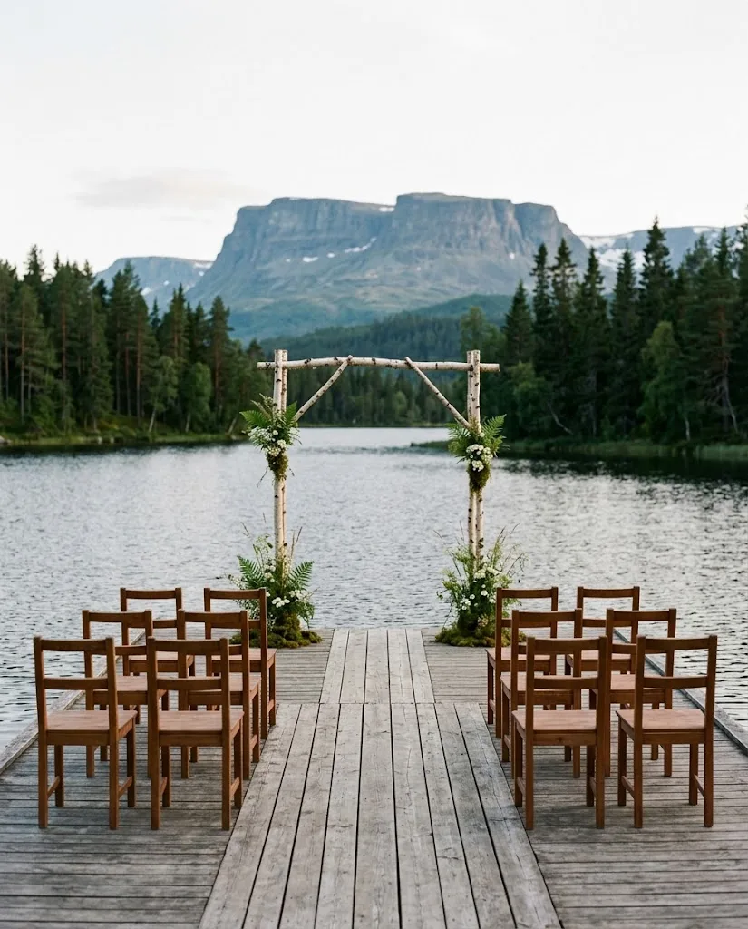 Artist's impression of an empty ceremony set up on a timber deck over the water