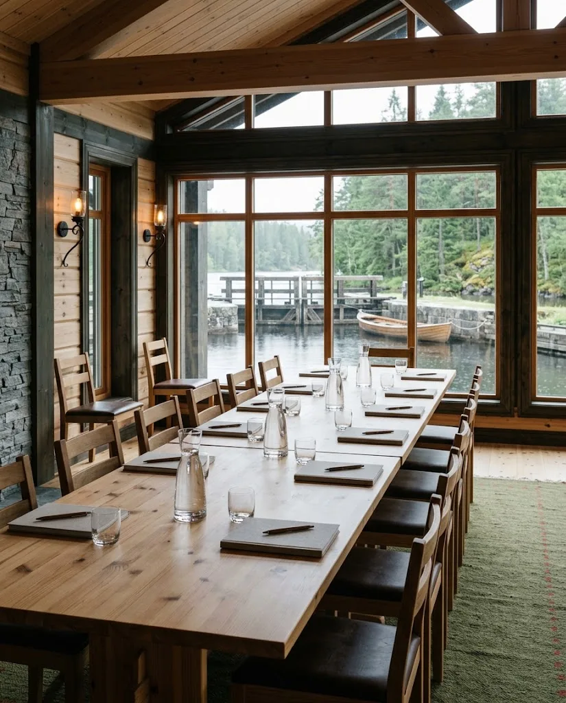Artist's impression of a meeting room with a long table and a view of the canal