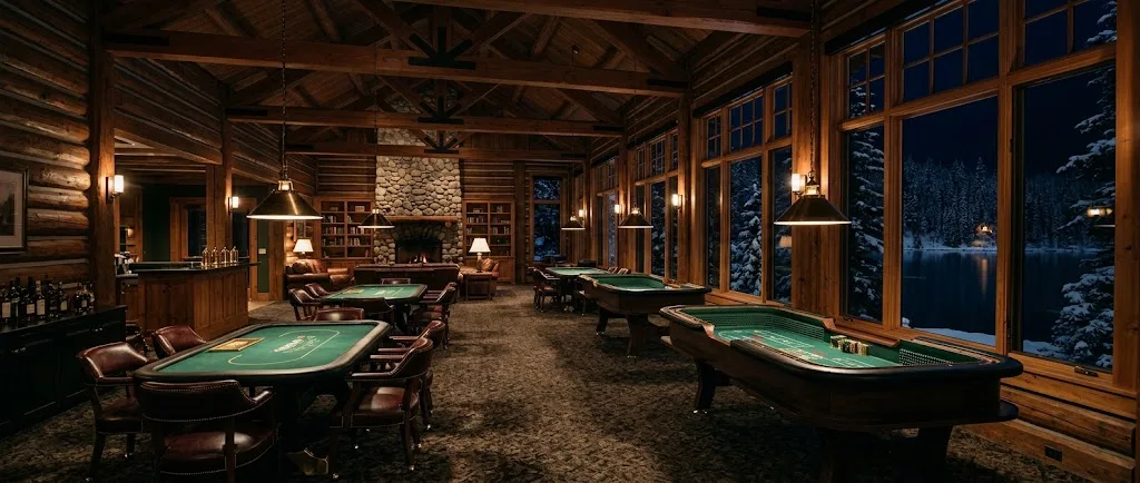Artist's impression of the planned hotel casino lounge, with dark timber, green baize tables, low lamps and windows onto the night