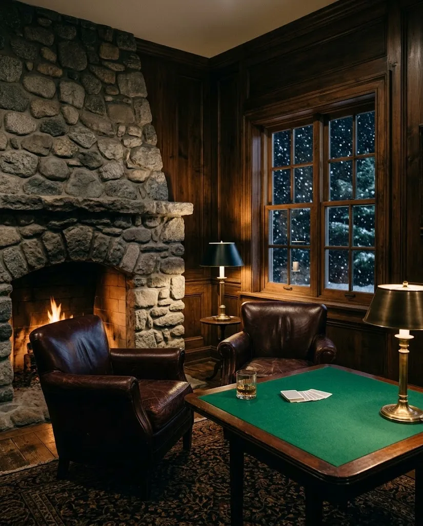 Artist's impression of a private salon with a stone fireplace, leather armchairs and one card table