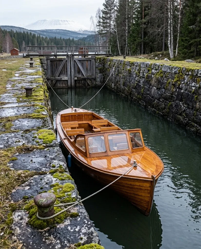 Artist's impression of a varnished wooden launch moored inside the lock chamber