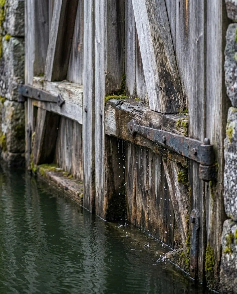 Artist's impression of the lock gates up close: heavy planks, forged iron straps and green water