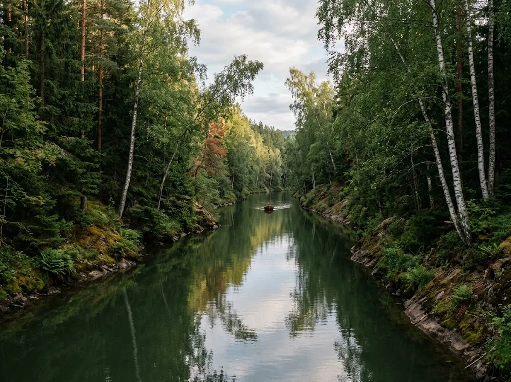 Artist's impression of the canal between wooded banks, with a boat in the distance