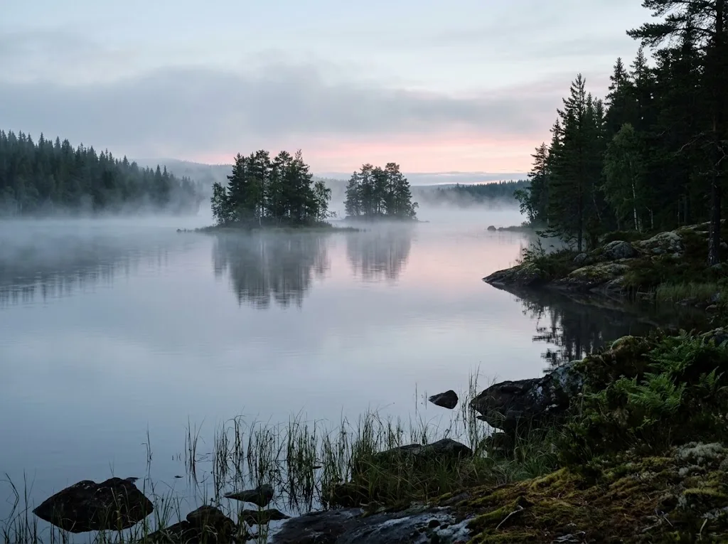 Artist's impression of a large lake in morning mist, with small islands