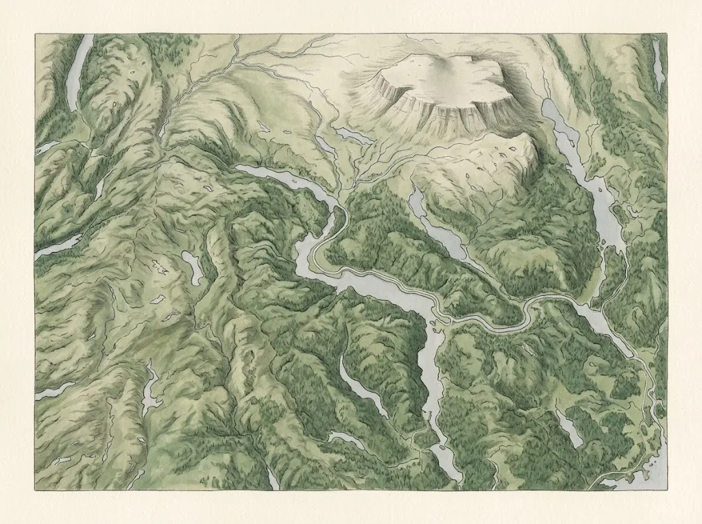 Artist's impression of an illustrated map of Telemark with lakes, forest and the canal
