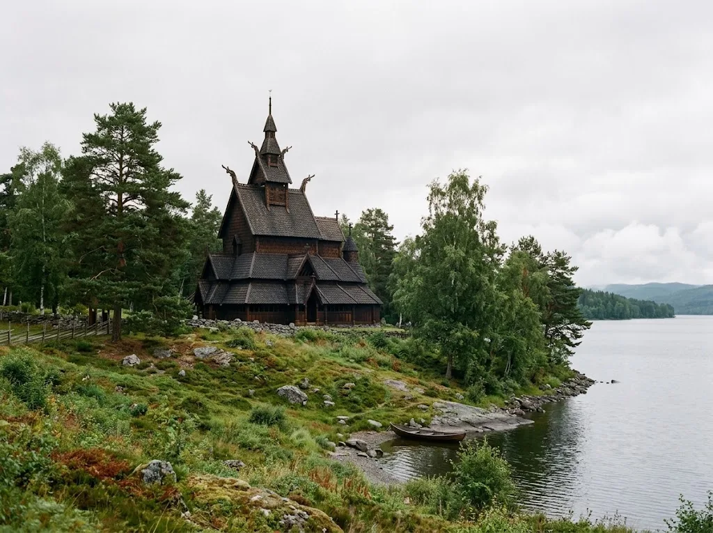Artist's impression of a timber stave church among trees by a lake