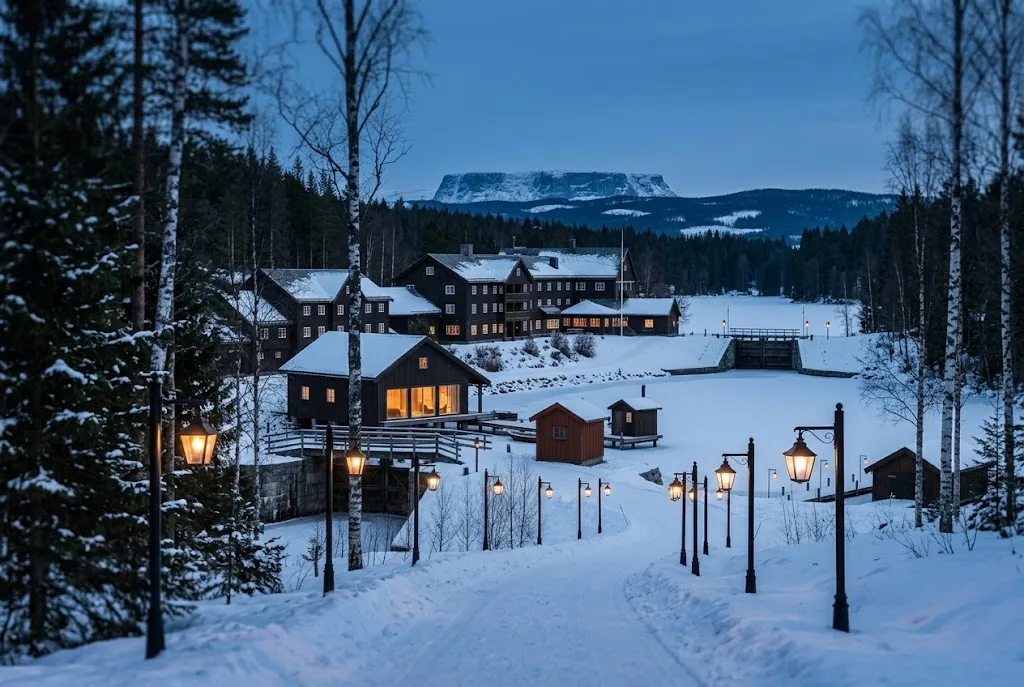 Artist's impression of a winter evening with lanterns along a snowy path and warm windows