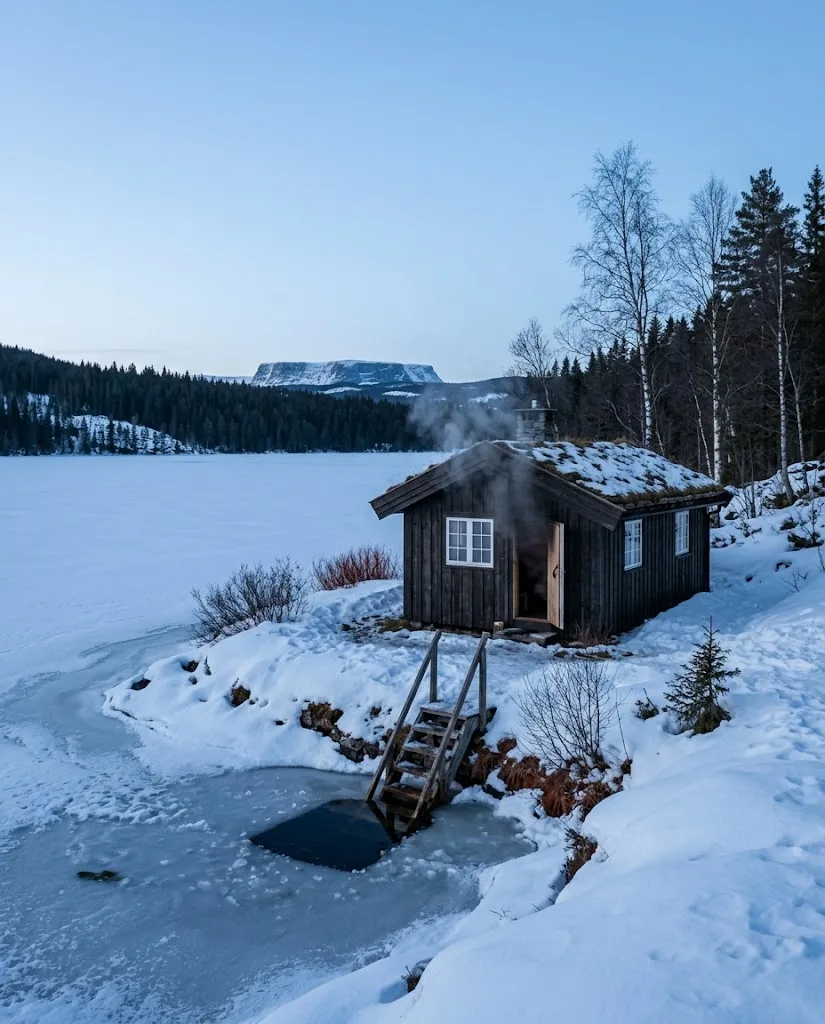 Artist's impression of a sauna on the shore with rising steam, an ice hole and a ladder