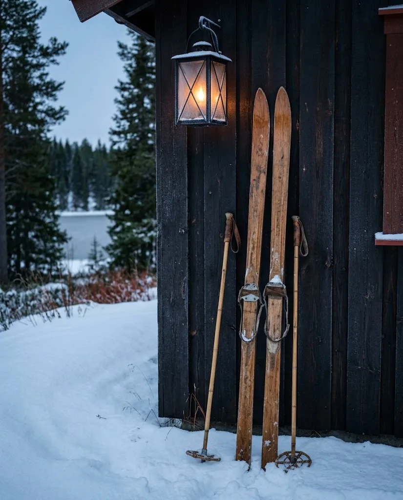 Artist's impression of old wooden skis and poles leaning by a door in the snow