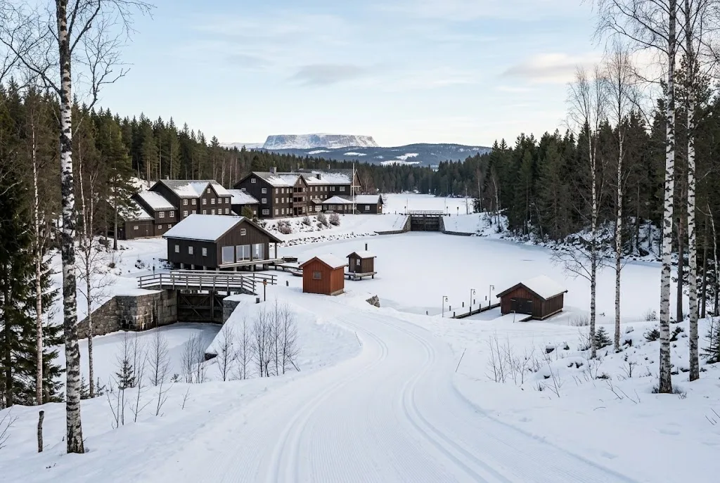 Artist's impression of a ski track running up a slope through birch trees, with the resort below
